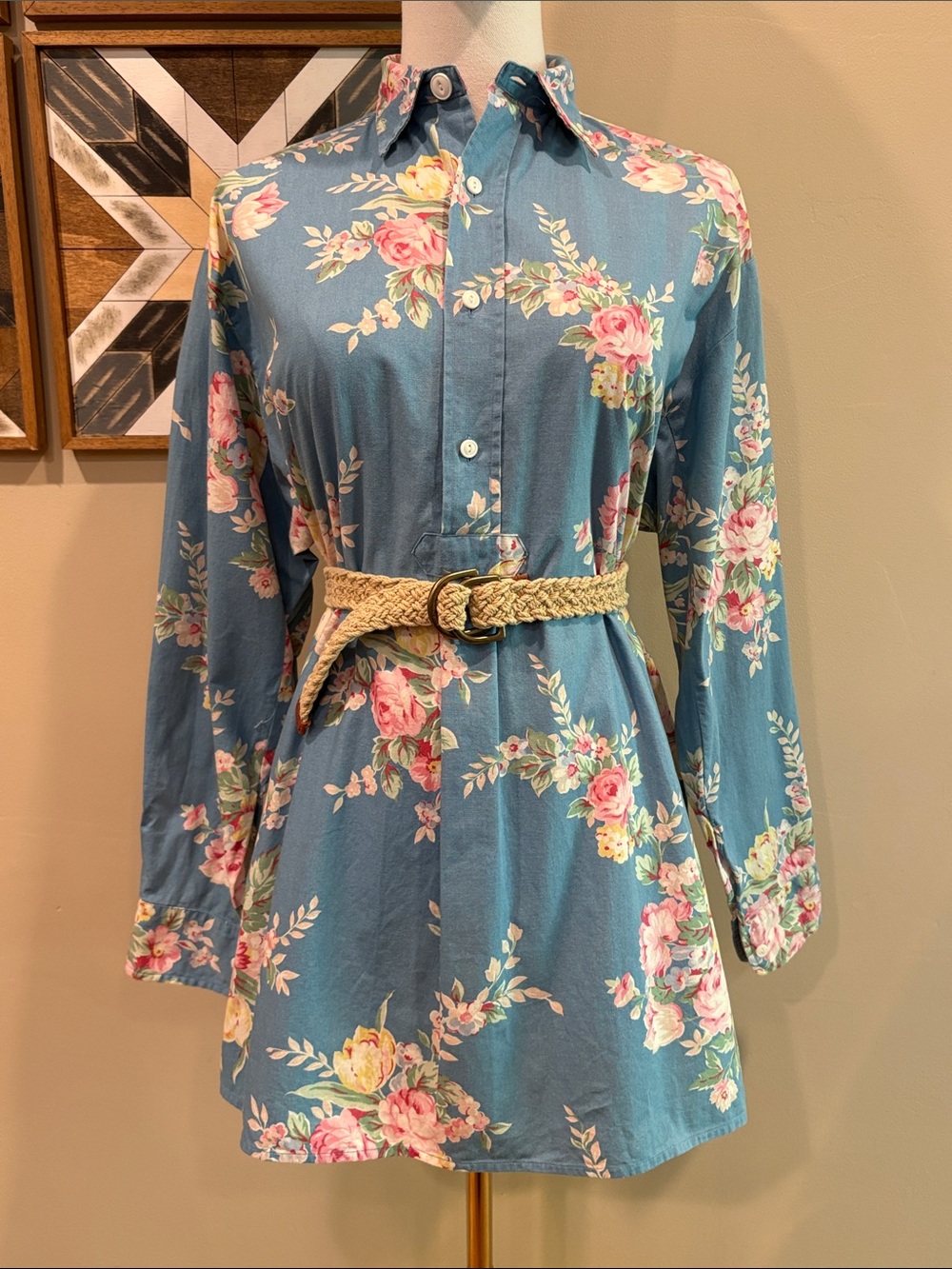 Vintage Ralph Lauren 80s Blue Label Cotton Floral Button-Front Tunic Top size 8